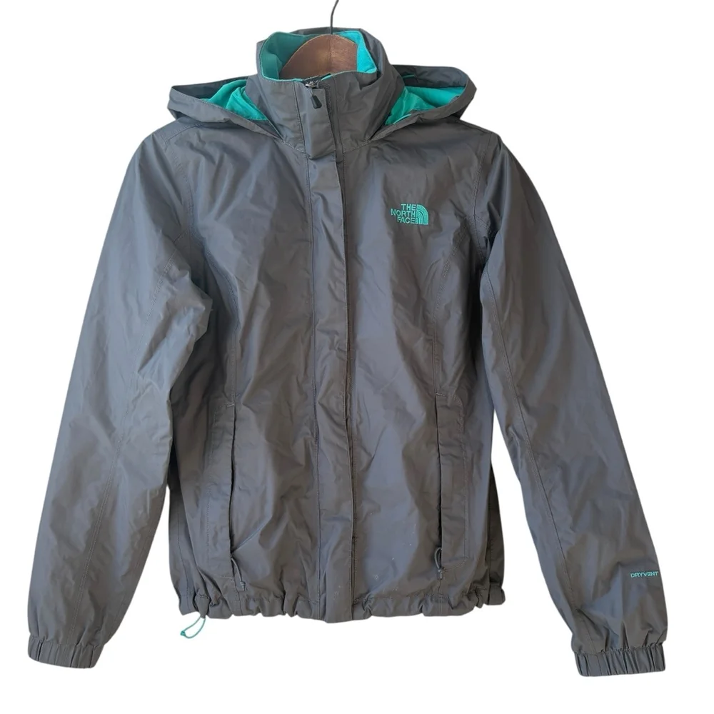 The North Face Grey Nylon Hooded Jacket Teal Mesh Lined Fall Coat Size SMALL - Picture 1 of 12